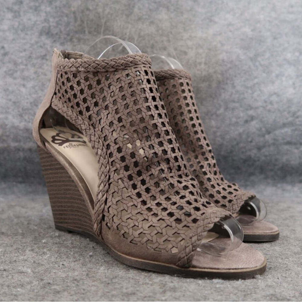 Fergalicious Shoes Womens 8 Sandals Wedge Bootie Woven Braid Cut Out Zip Taupe